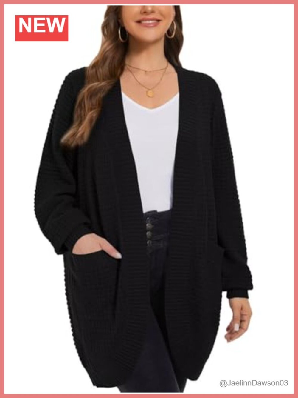 Waffle Knit Open Front Cardigan Plus Size Loose Long Sweater with Pockets